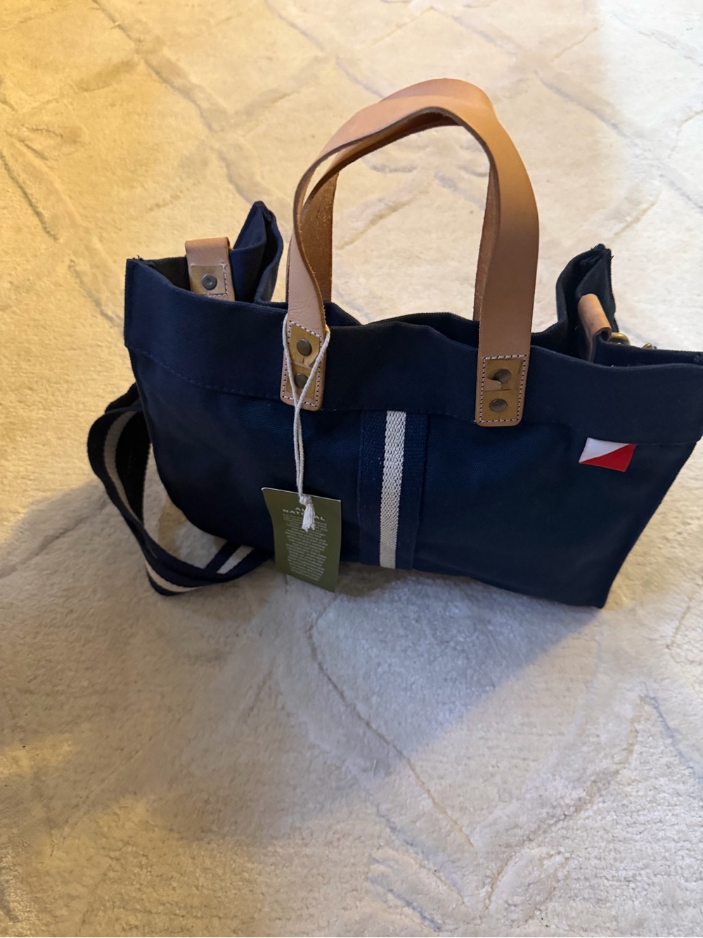 NATURAL LIFE Navy Messenger Bag with Tan Leather Handles